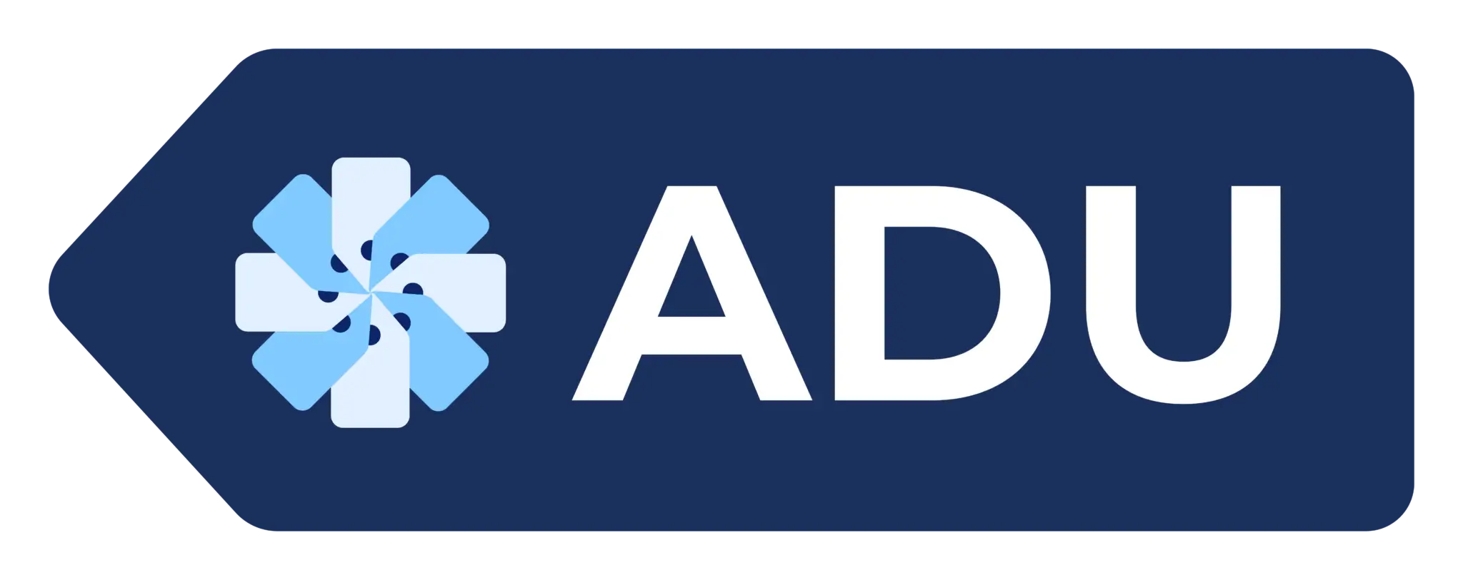 Logo with a dark blue background featuring a light blue geometric shape resembling a pinwheel on the left, followed by the bold white letters "ADU," capturing the essence of sleek SaaS website design. - Clio Websites | Top Canadian Web Design Company