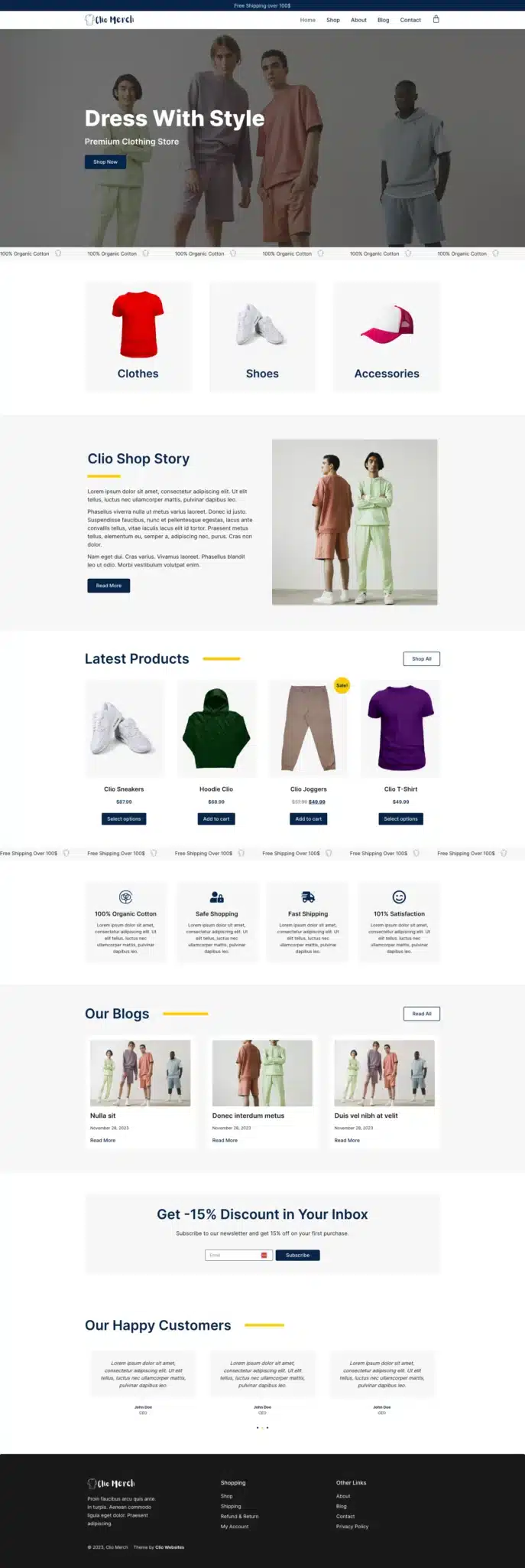 A fashion website homepage featuring "Dress With Style" using Free Elementor Themes, with images of clothes, shoes, and accessories. It showcases new arrivals, customer reviews, and blog posts. Includes sections like "Latest Products" and a newsletter signup for discounts. - Clio Websites | Top Canadian Web Design Company