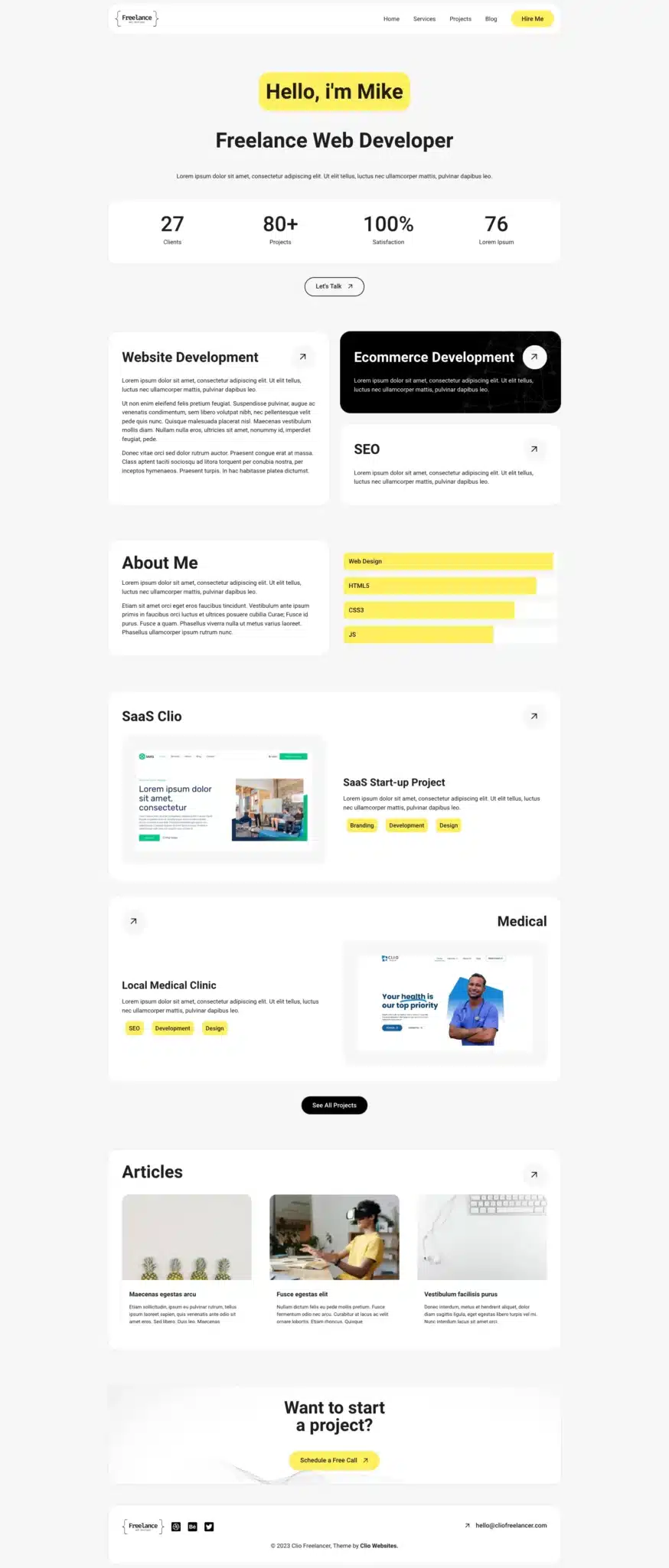 A freelance web developer's portfolio webpage showcasing expertise in web and eCommerce development. Featuring 'About Me' with skills, client projects in SaaS and medical fields, articles, and a contact prompt. The clean design in yellow and white utilizes Free Elementor Themes for a polished look. - Clio Websites | Top Canadian Web Design Company