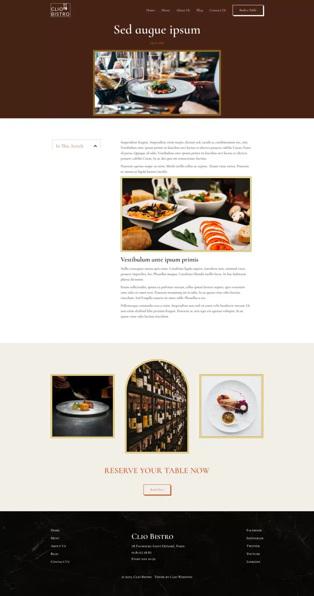Screenshot of a themed restaurant webpage showcasing gourmet dishes and elegant dining settings. The page includes a logo, navigation menu, article text, and contact information. The design features a warm color palette with gold accents, enhancing the luxurious atmosphere. - Clio Websites | Top Canadian Web Design Company