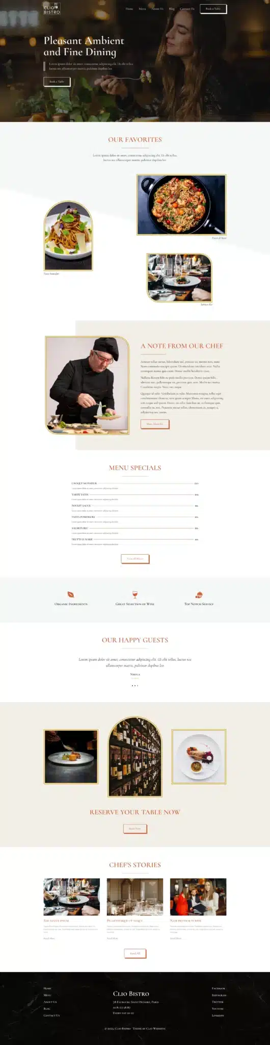 The restaurant's website page beautifully showcases a woman dining amid wooden decor and ambient lighting, embodying the theme of elegant comfort. Discover dishes with a chef's note, explore menu specials, read guest reviews, and easily make a reservation. - Clio Websites | Top Canadian Web Design Company