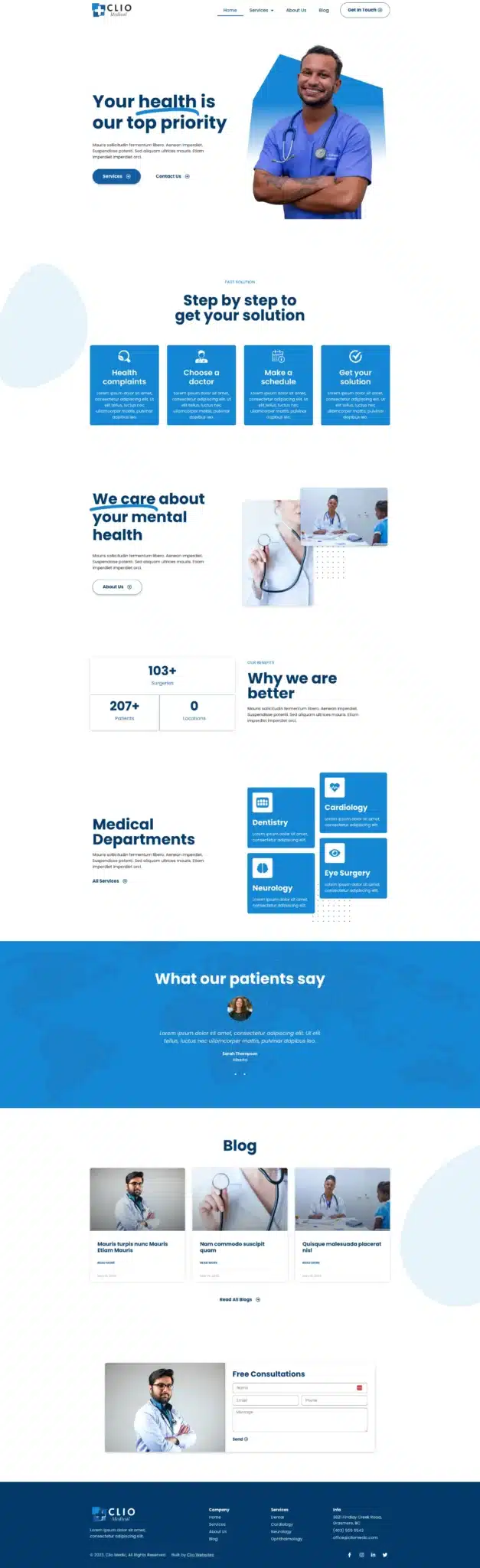 The medical website homepage, designed with free Elementor themes, features a smiling doctor and showcases health care services and patient testimonials. The layout includes sections on mental health, medical departments, and a blog, all in a calming blue and white color scheme. - Clio Websites | Top Canadian Web Design Company