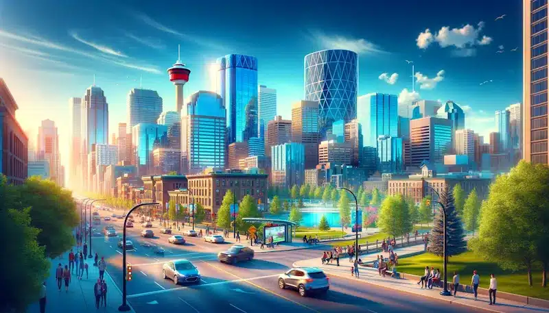 A vibrant cityscape in Calgary with modern skyscrapers under a sunny blue sky. A busy street in the foreground features cars and pedestrians, with lush green trees and a small park. Sunlight casts warm tones across the scene, much like a WordPress Developer bringing designs to life. - Clio Websites | Top Canadian Web Design Company