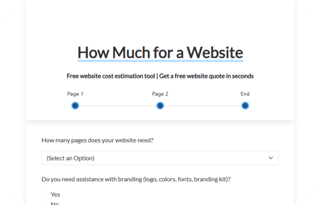 Screenshot of a website cost estimation tool titled "How Much for a Website." Features a progress bar with steps: Page 1, Page 2, and End. Includes dropdown for page number and a question about branding assistance options. - Clio Websites | Top Canadian Web Design Company