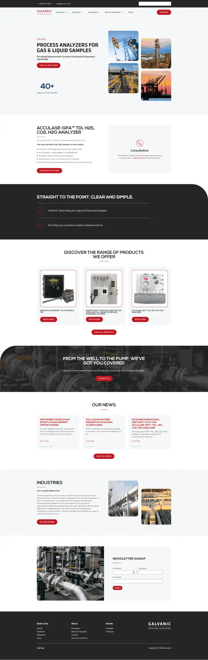 Industrial website layout featuring process analyzers for the energy sector. Includes sections on product offerings, news, industries served, and a newsletter signup. Images of machinery and industry applications are included. - Clio Websites | Top Canadian Web Design Company
