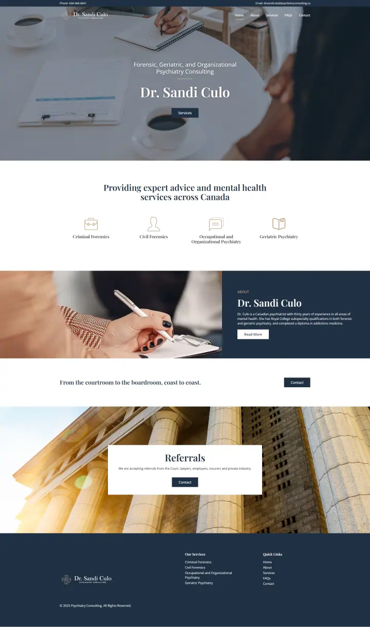 Screenshot of a website for Dr. Sandi Culo, showcasing services such as forensic and geriatric psychiatry, court evaluations, and consulting. It includes contact details, a brief bio, and images of a handshake and courthouse columns. - Clio Websites | Top Canadian Web Design Company