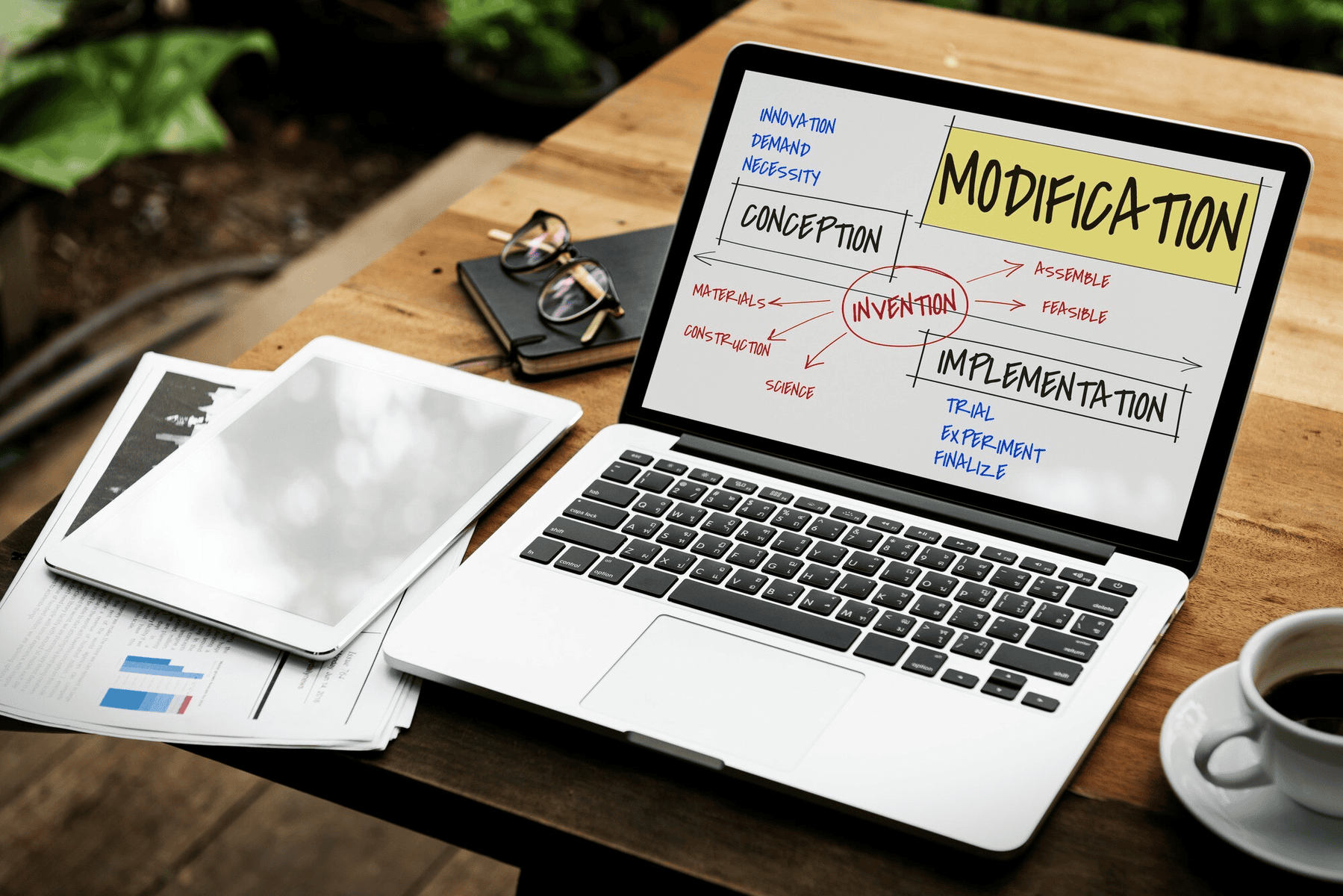 A laptop on a wooden desk displays a flowchart with the stages: Conception, Invention, Modification, and Implementation. Nearby are a tablet, glasses, and a coffee cup. The chart includes arrows and additional notes in red and black. - Clio Websites | Top Canadian Web Design Company