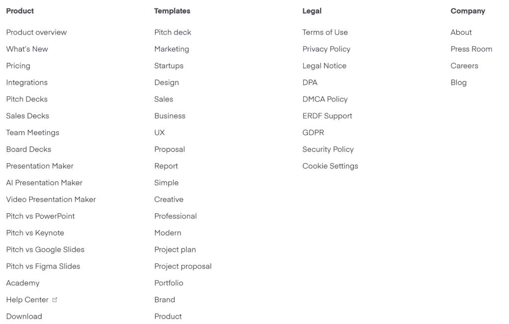 A screenshot of an inspiring SaaS website's footer menu showcases four columns: Product, Templates, Legal, and Company. Each section lists informative links like "Pricing" under Product, "Pitch deck" under Templates, "Terms of Use" under Legal, and "About" under Company. - Clio Websites | Top Canadian Web Design Company