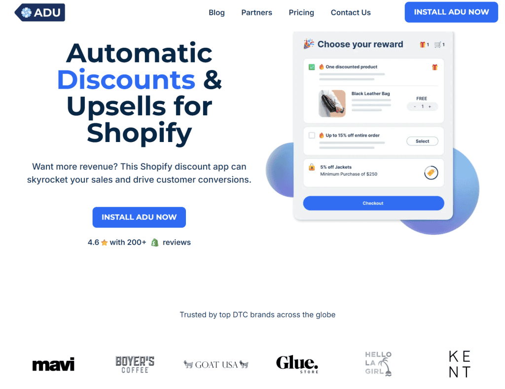 Explore ADU's homepage, a prime example of inspiration for SaaS websites. Featuring a headline on automatic discounts and upsells for Shopify, it showcases an image of a shopping app interface, an install button, and trusted brand logos. - Clio Websites | Top Canadian Web Design Company