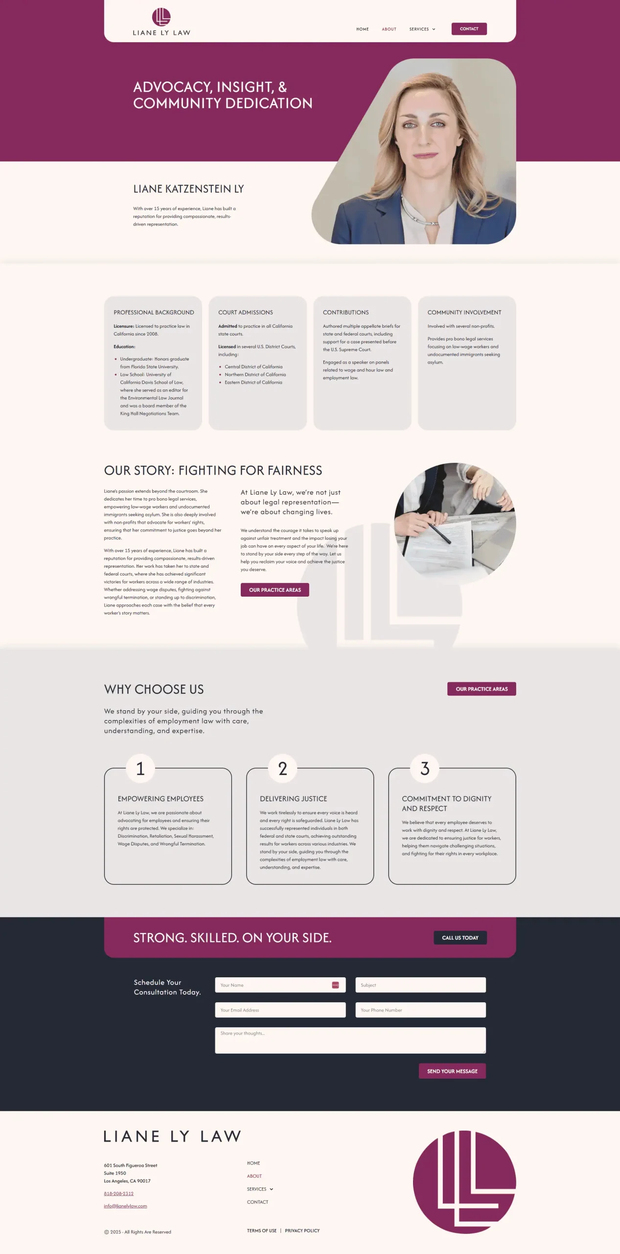 Liane Ly Law website features a professional layout with a header image of a woman, sections on legal services, firm story, and contact form. Maroon and white color scheme with strategic text boxes and logos. - Clio Websites | Top Canadian Web Design Company