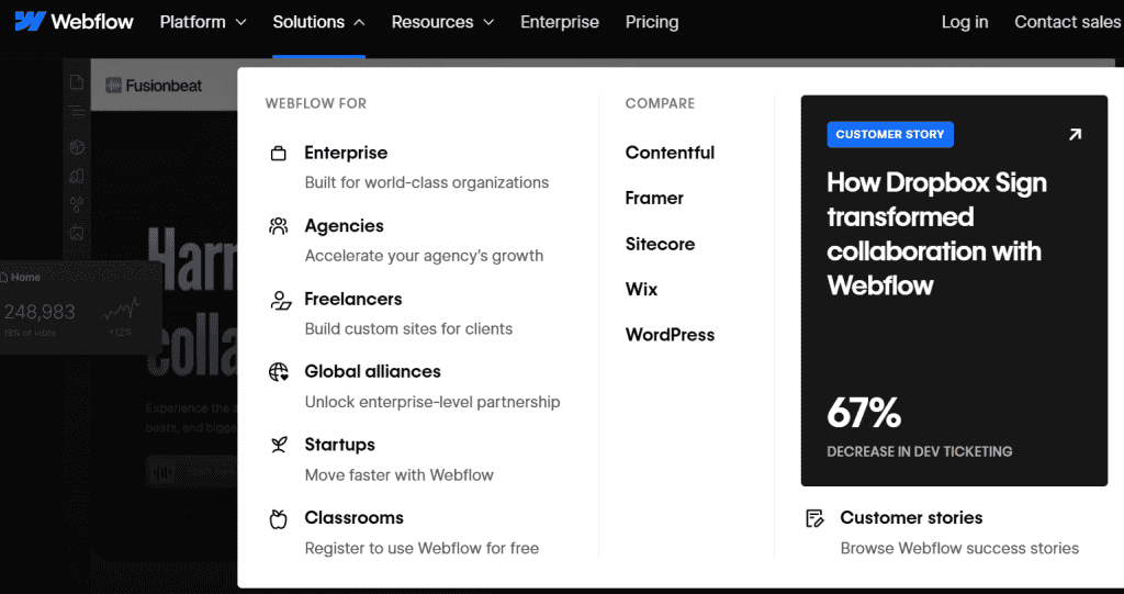 A website menu showcases Webflow's solutions for user types like Enterprise, Agencies, and Startups. A highlighted section features a Dropbox Sign customer story and a 67% decrease in dev ticketing—an inspiring example of top website navigation. - Clio Websites | Top Canadian Web Design Company