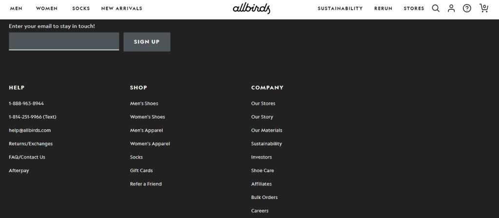 Allbirds website footer showcases clean website navigation with contact info, shop categories, company links, and a newsletter sign-up box. White text on black background with Allbirds logo and navigation examples above. - Clio Websites | Top Canadian Web Design Company