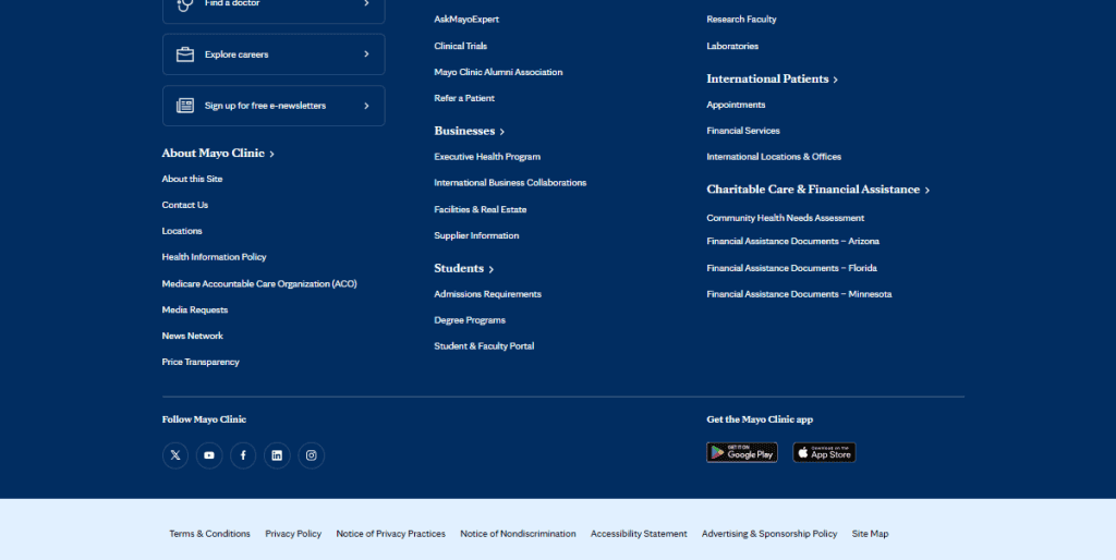 A blue website footer features navigation design with various links organized into columns for sections like "About Mayo Clinic," "Careers," and more. App download buttons and social media icons are also present—ideal for website navigation examples. - Clio Websites | Top Canadian Web Design Company
