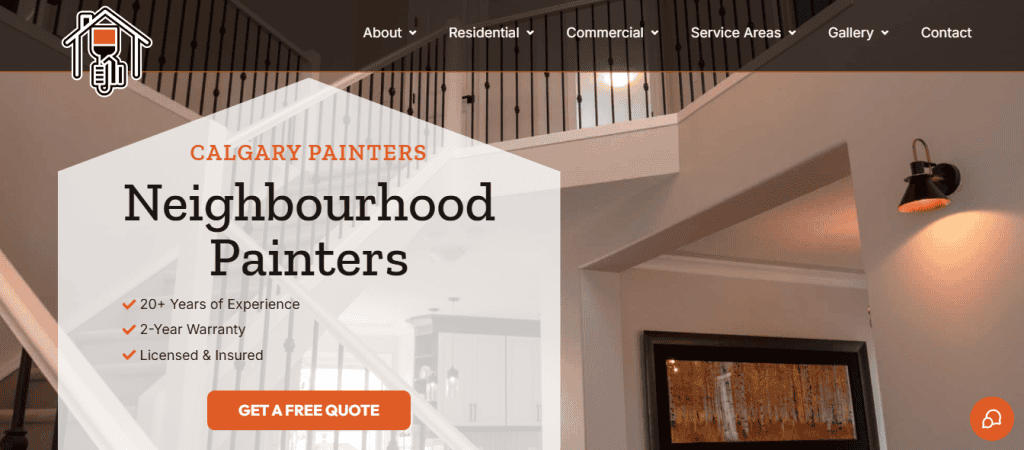 Website homepage for Calgary Neighbourhood Painters featuring a modern staircase, wall sconce, company logo, and text highlighting experience, warranty, and a button to get a free quote with intuitive website navigation design. - Clio Websites | Top Canadian Web Design Company
