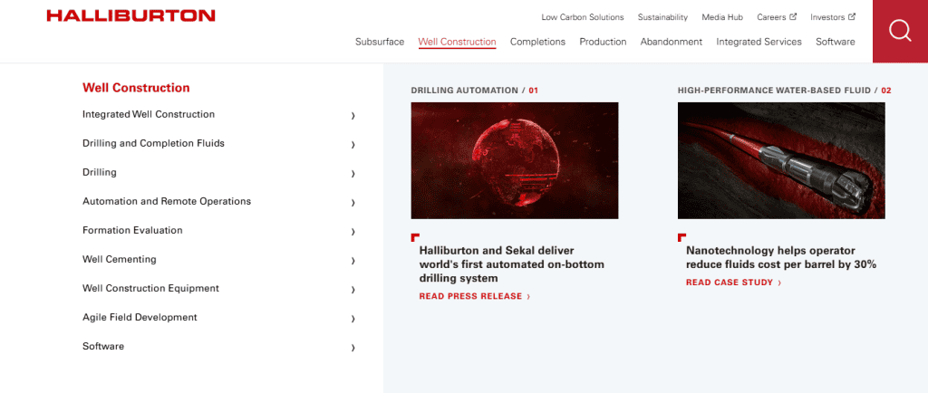 Screenshot of Halliburton's Well Construction webpage, featuring clear website navigation on the left and two news articles with images about drilling automation and nanotechnology in fluids on the right—an example of effective website design. - Clio Websites | Top Canadian Web Design Company