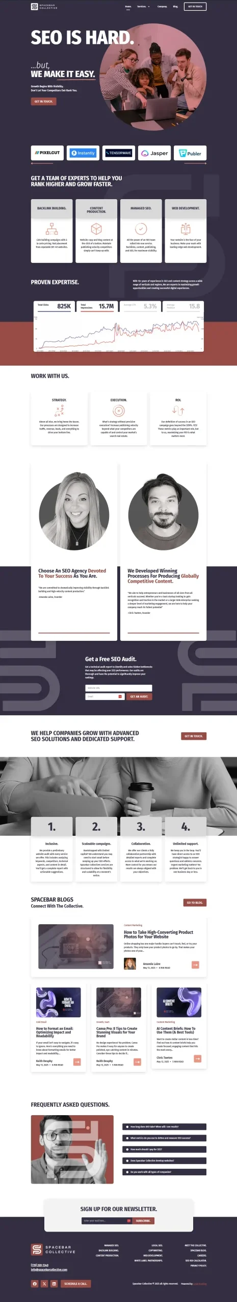 Screenshot of an SEO agency website featuring a header "SEO is hard. We make it easy," a contact form, testimonials, service details, FAQs, newsletter signup, and photos of team members on a modern, dark-themed layout. - Clio Websites | Top Canadian Web Design Company