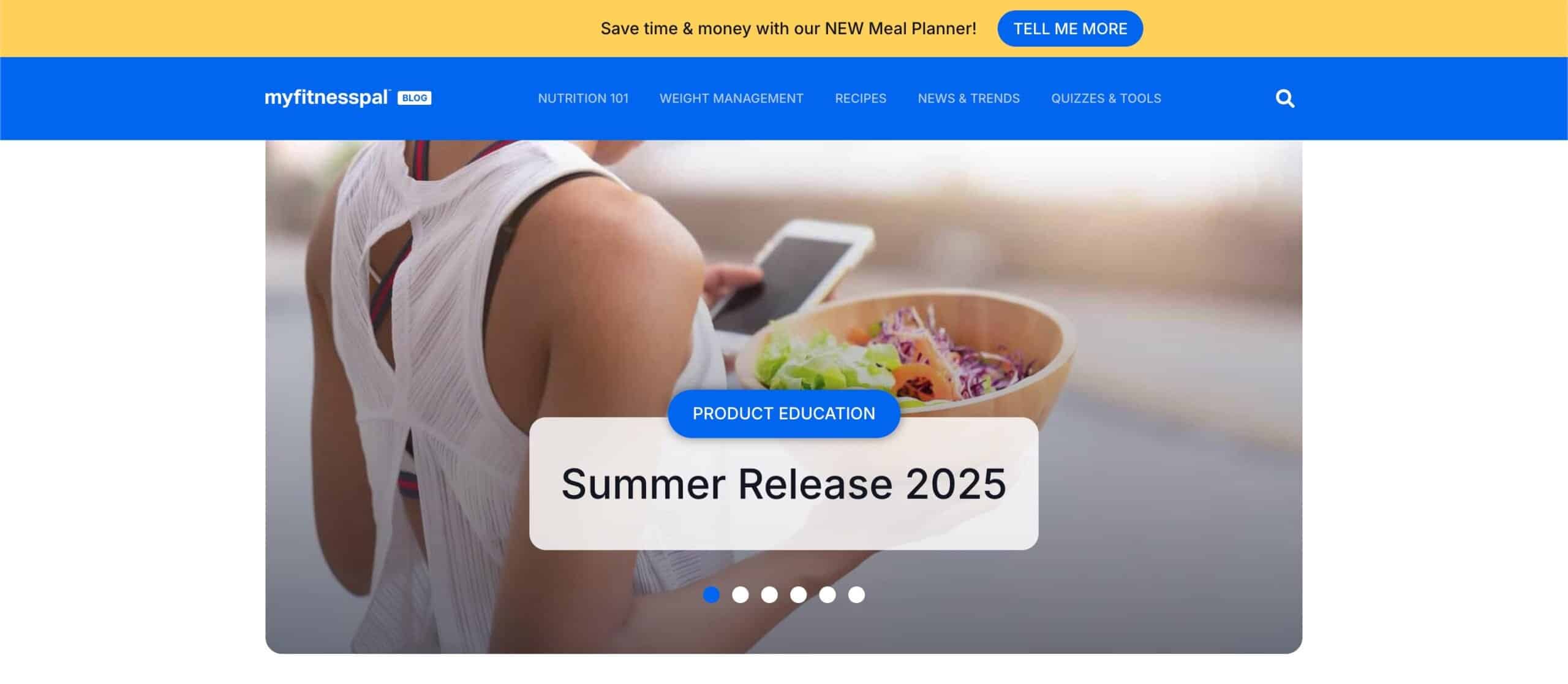 A woman in workout clothes holds a bowl of salad and a smartphone, browsing the MyFitnessPal website. The screen highlights “Summer Release 2025” and “Product Education,” with a yellow meal planner banner promoting the latest redesign. - Clio Websites | Top Canadian Web Design Company