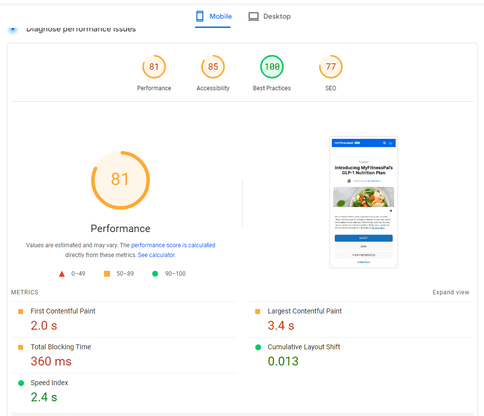 A Google PageSpeed Insights mobile report shows scores: Performance 81, Accessibility 85, Best Practices 100, SEO performance 77. Metrics include paint times, blocking time, speed index, layout shift, and a preview of the MyFitnessPal mobile site. - Clio Websites | Top Canadian Web Design Company