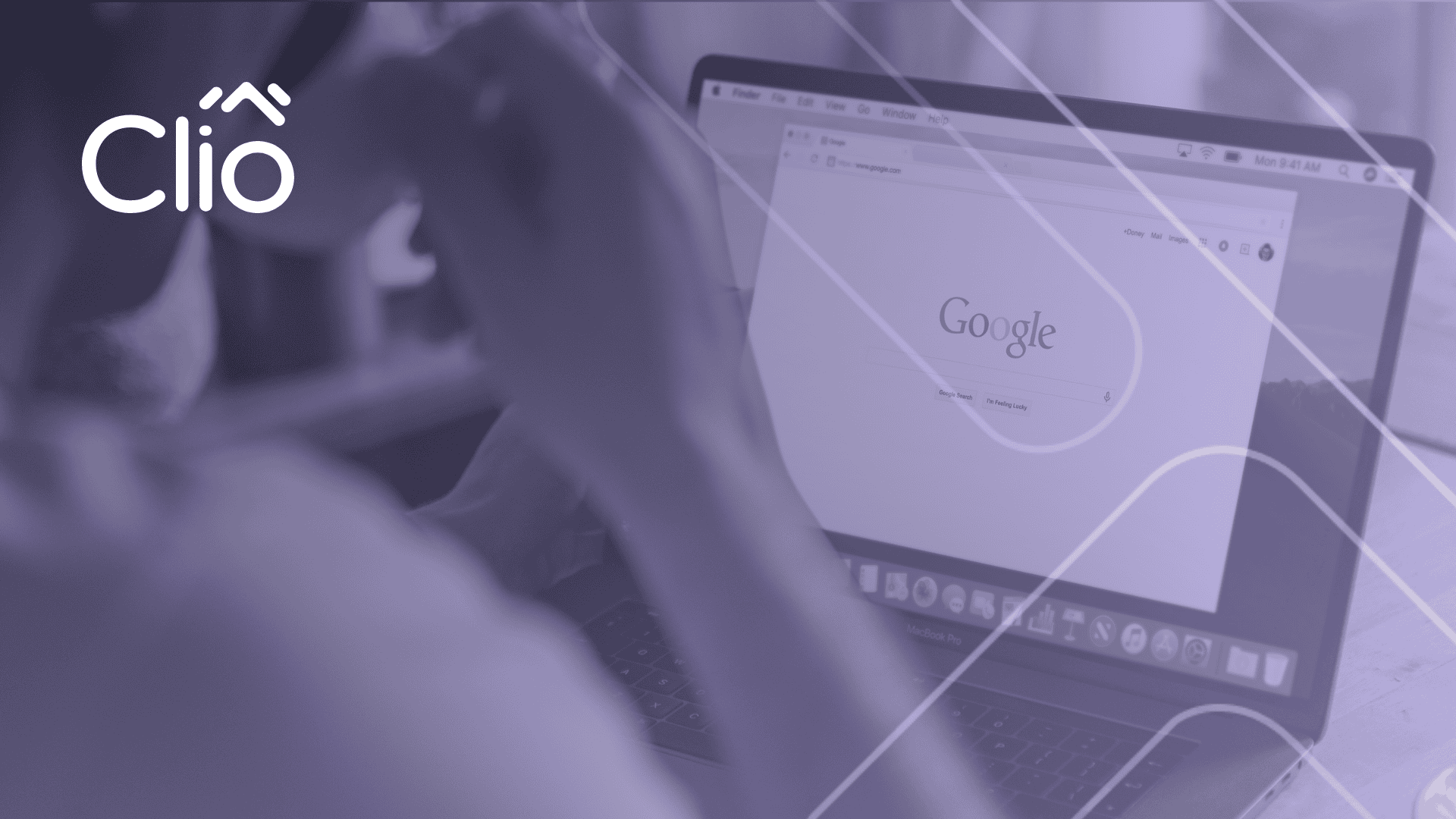 A person using a laptop with the Google homepage open on the screen. The image features a purple overlay, the Clio logo in the top left corner, and highlights visual assets that enhance SEO articles. - Clio Websites | Top Canadian Web Design Company