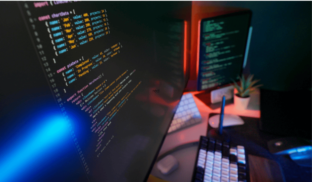 A close-up of a computer monitor displaying colorful code lines, with a keyboard and stylus in the foreground, highlights Managed WordPress Hosting Canada for faster WordPress sites; a second screen and potted plant complete the modern desk scene. - Clio Websites | Top Canadian Web Design Company