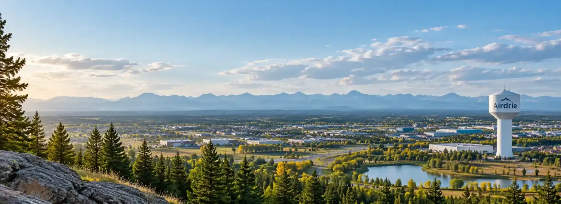 A panoramic view of a cityscape surrounded by trees and a small lake, with mountains in the distance and a large white water tower labeled “Airdrie” under a blue sky with scattered clouds—an inspiring scene reminiscent of the creativity and innovation found at a leading Saskatoon web design company. - Clio Websites | Top Canadian Web Design Company
