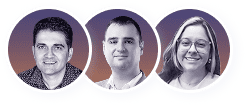 Three people are shown in circular frames against a purple and orange gradient background, facing forward and smiling—perfect for highlighting your Calgary SEO team’s approachable expertise. - Clio Websites | Top Canadian Web Design Company
