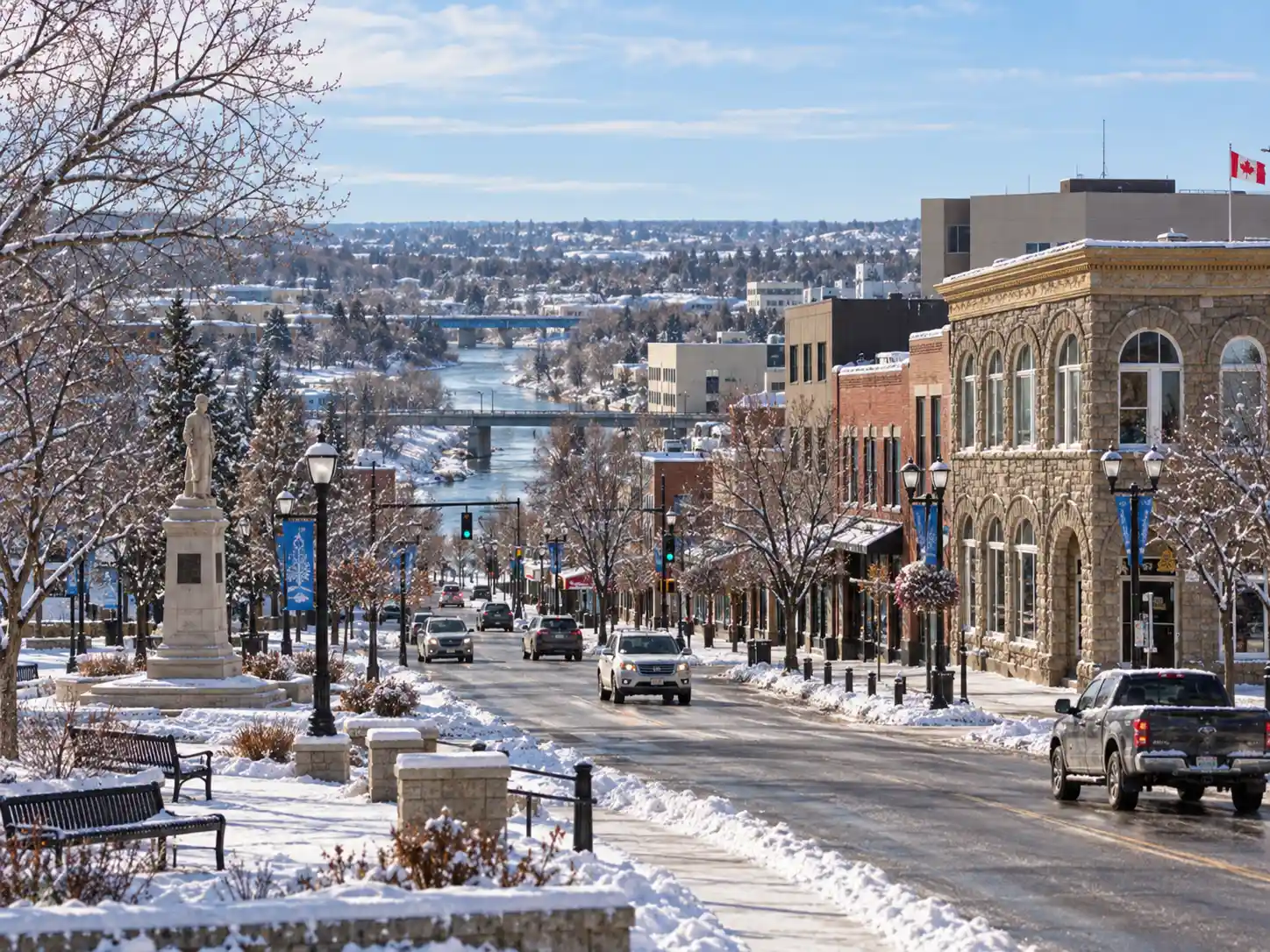 Snow-covered downtown street with cars, historic buildings, lampposts, and a statue. Bare trees line the sidewalks, and a river is visible in the background under a clear blue sky—a picturesque setting that could inspire any Saskatoon web design company. - Clio Websites | Top Canadian Web Design Company