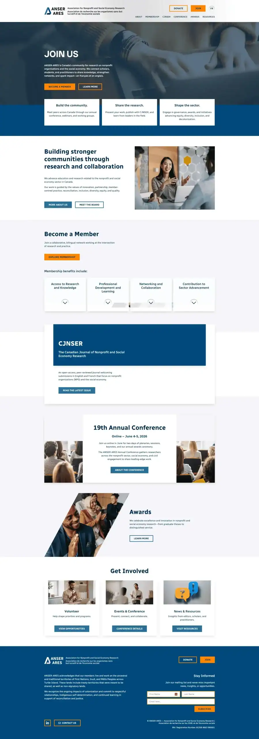 Website homepage for CANSER, featuring membership info, research resources, conference news, awards, and ways to get involved. Layout includes banners, images of diverse professionals, and navigation menus in blue, white, and orange. - Clio Websites | Top Canadian Web Design Company